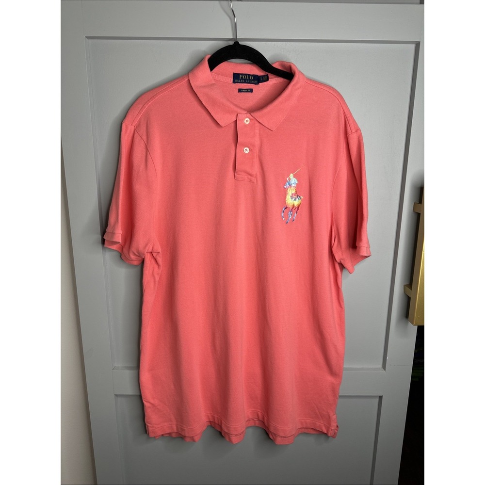 Polo Ralph Lauren Mens Custom‎ Slim Fit Big Pony Mesh Polo Shirt,Amalfi  Red, XL